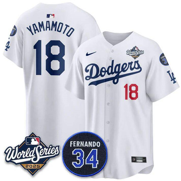 Men's White Los Angeles Dodgers #18 Yoshinobu Yamamoto 2025 World Series With No.34 Patch Home Limited Stitched Baseball Jersey